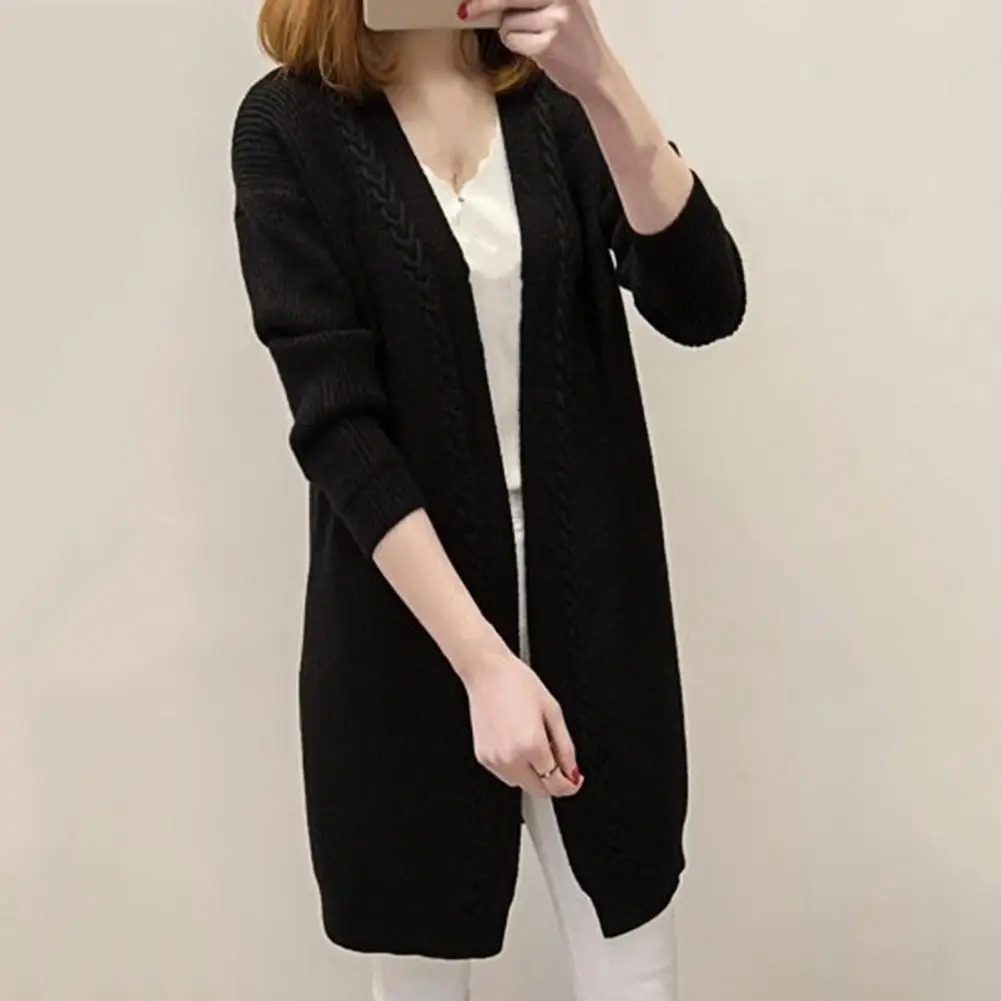 Long Sleeve Mid-Length Women Cardigan Autumn Winter Solid Color Twist Edge Knitted Coat Outerwear