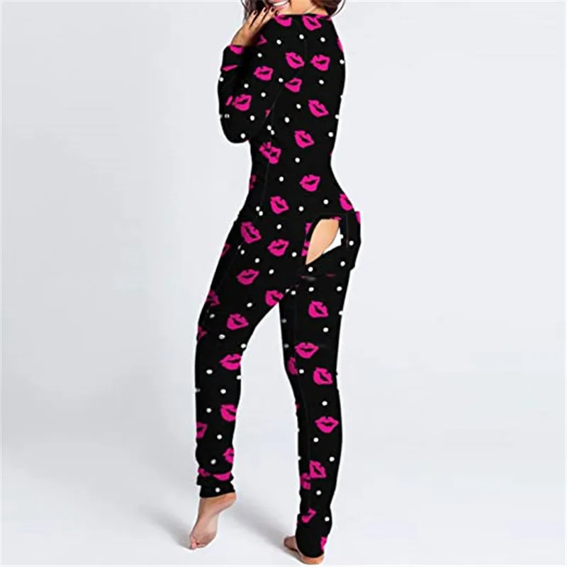 CHRONSTYLE 2021 Valentine\'s Day Sleepwear Jumpsuit Long Sleeve Butt Flap Romper Women V-neck Heart Lip Print One Piece Nightwear