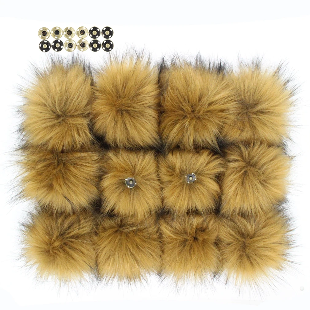 Large 16CM Faux Raccoon Fur Pompoms for Hats Pack 12pcs 6inch Faux Fur Pompoms with Press Button 15Colors