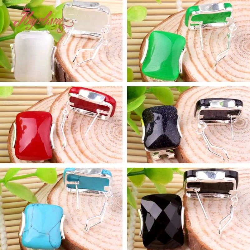 10x20mm Rectangle Stone Beads Agates Coral Cat Eye Jades Tibetan Silver Fashion Clamp Earring For Woman Christmas Gift 1 Pair