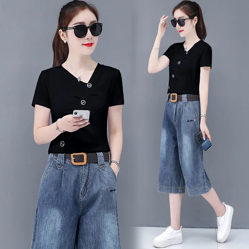 Uhytgf Elegante Student Sport Sets Womens Fashion Denim Wijde Pijpen Broek Casual Zomer 2 Delige Set Vrouwen Koreaanse Big Size pak 982