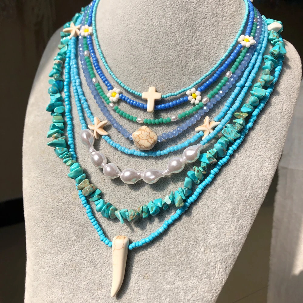 Blue Crystal Seed Bead Choker Pearl Natural Stone Chips Pendant Women Beach Travel Bohemian Necklaces