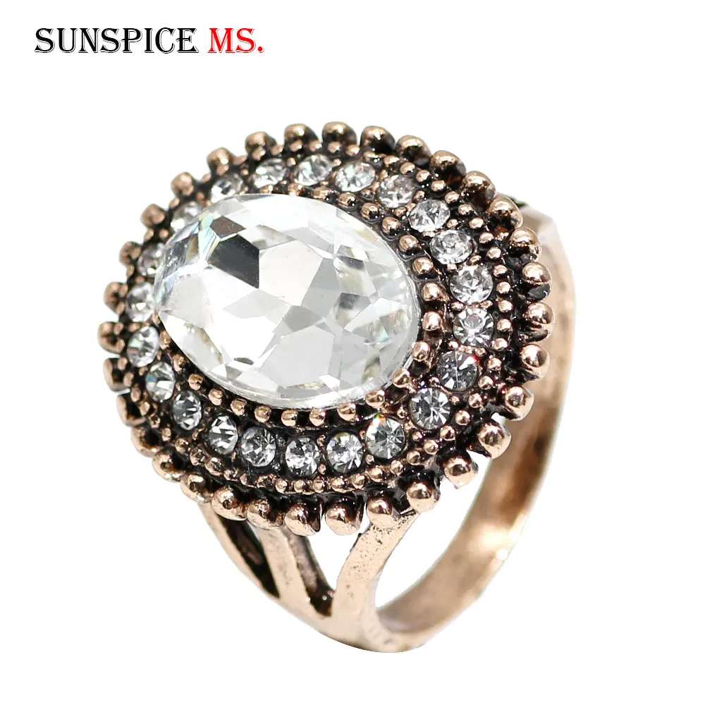 Sunspicems Vintage Bohemia Crystal Rings For Women Turkish Bride Wedding Jewelry Retro Gold Color Round Finger Anillo Party Gift