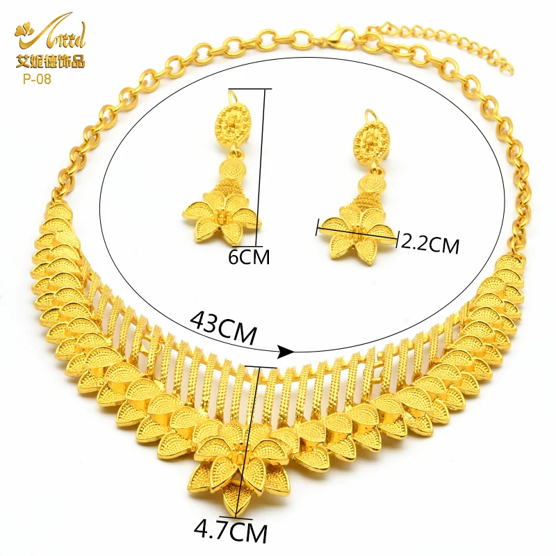 Indian Gold Colour Jewelry Sets Wedding Nigerian Necklace And Earrings 24K Gold Plated Jewellery Bridal Dubai Luxury Party Gifts