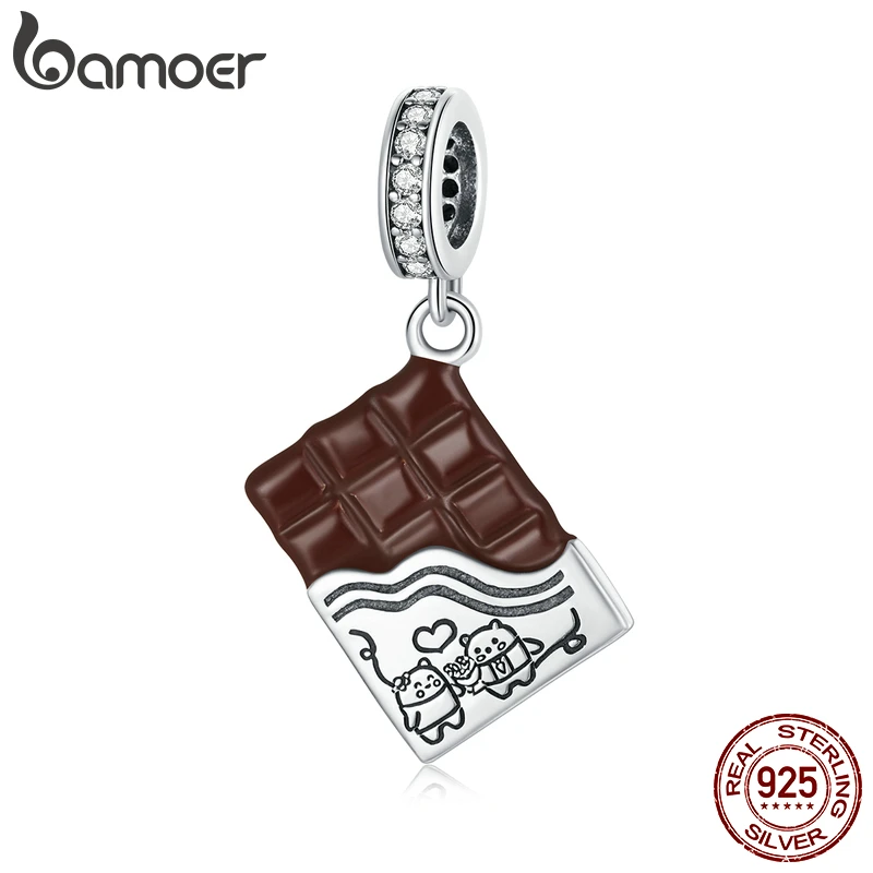 bamoer Chocolate Couple Bear Love 925 Sterling Silver Charm Pendant fit Original Bracelet Making Valentine's Day Gift SCC1782