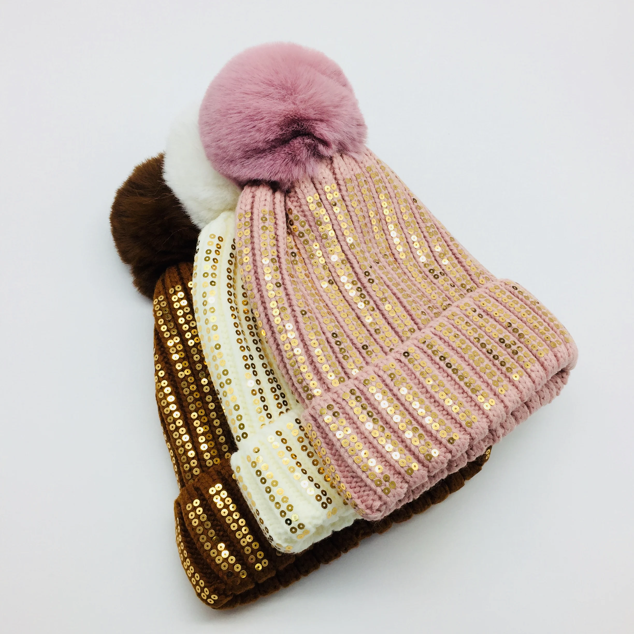 Sequins Beanie for Women Girls Warm Winter Hat Ribbed Brown White Pink Hat Faux Fur Pompom Beanie with Soft Lining