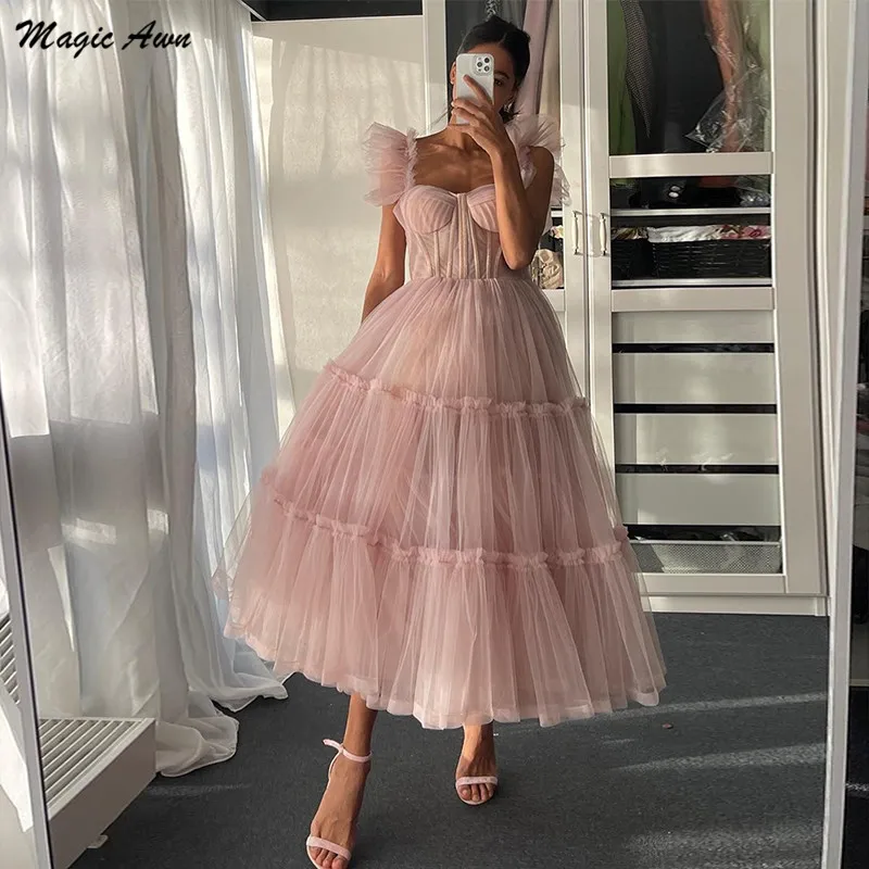 Magic Awn Simple Pink Short Prom Dresses Spaghetti Straps Tiered Tulle Tea-Length Wedding Party Dress Evening Wear Robes