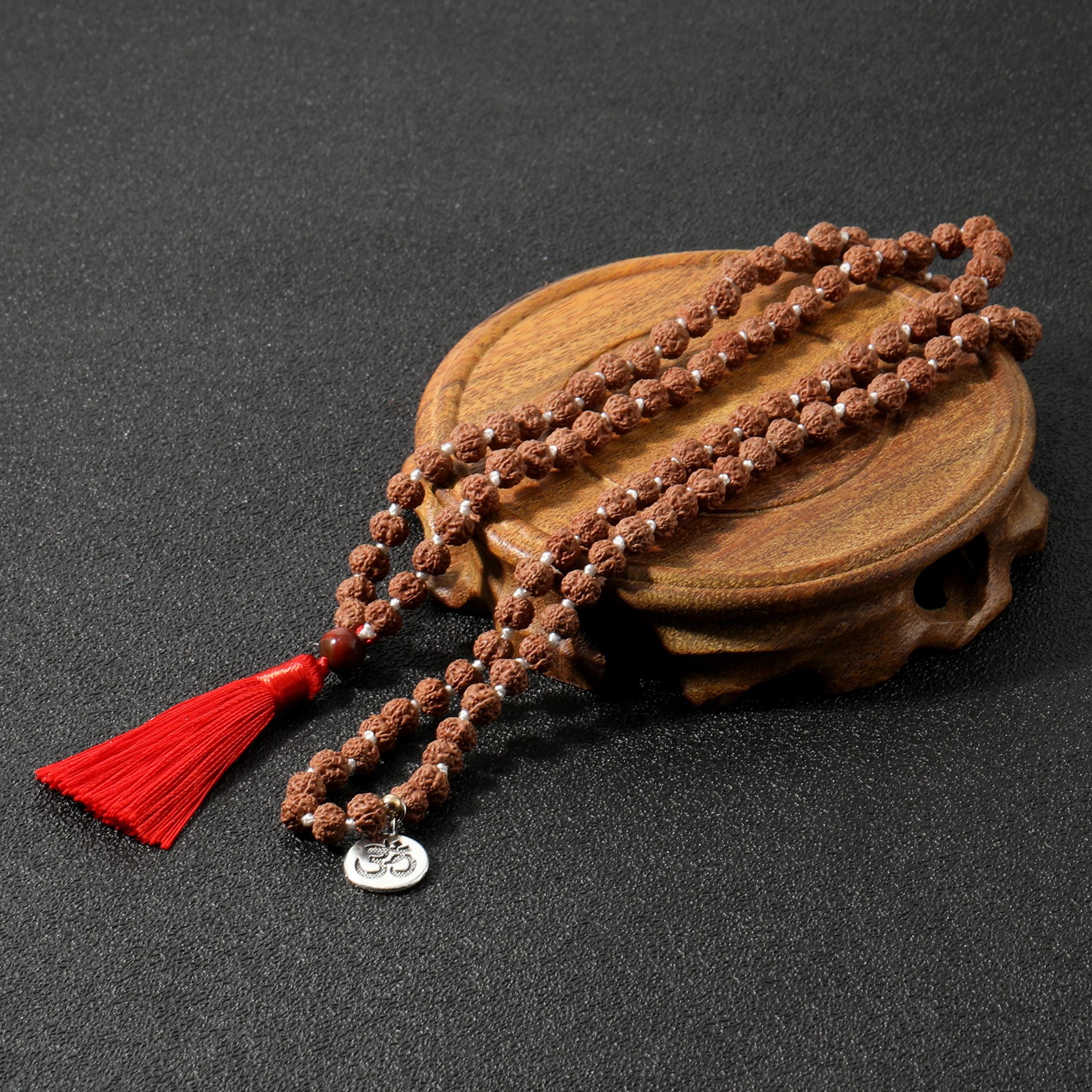 Natural Rudraksha Knotted 108 Mala Bead Necklace Meditation Yoga Declaration Blessing Prayer Red Tassel Pendant Jewelry