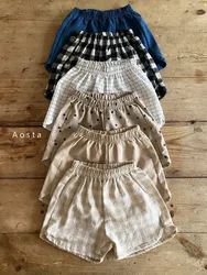 2024 Summer New Children Boy Girl Cotton And Linen Loose Shorts Pant Toddler Baby Cute Plaid Printed Pant 12M-5T