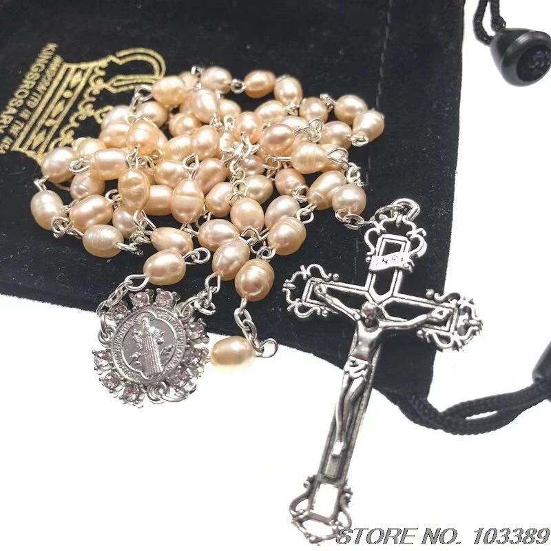 oval freshwater pearls rosary catholic rosary necklace with rhinestone benedict centerpiece and jesus