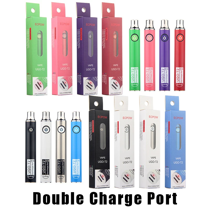 

10pcs Ecpow UGO T2 Evod Preheat Vape Pen Bual USB Plug Port Charge 650mAh 900mAh Vaporizer Preheating VV 510 Thread Rechargeable