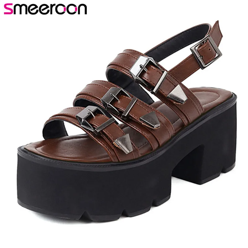 

Smeeroon 2021 New Arrive Gladiator Sandals Women Shoes Pu Buckle Fashion Cool Punk High Heels Platform Sandals Women Shoes