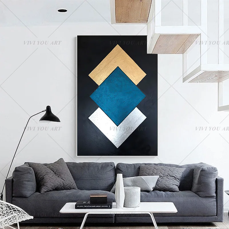 100% Handmade Black White Blue Pattern Abstract Gold Oil Painting for Living Room Modern Painting wall decor picture art  Gift