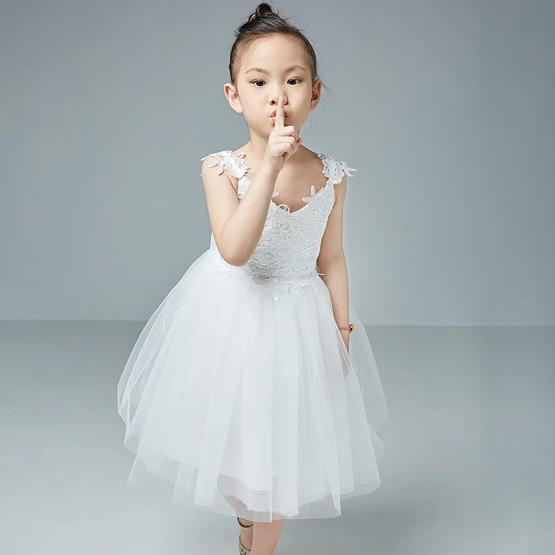 Kids Princess Wedding Flower Girl Dress Children Lace Prom Ball Gown Party Long Dress Sleeveless Bow Birthday Party Dress FGD13