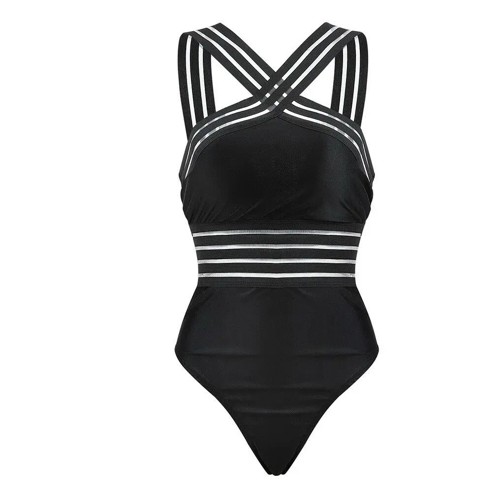 Sexy Black Striped One Piece Bikini Women\'s Bandage Push Up Monokini Swimwear Swimsuit Beach Triangle Bathing Suit