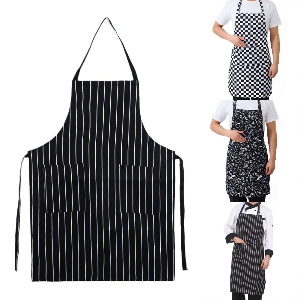 Kitchen Unisex Aprons Adjustable Black Stripe Bib Apron With 2 Pockets Chef Cook Tool Apron for Women