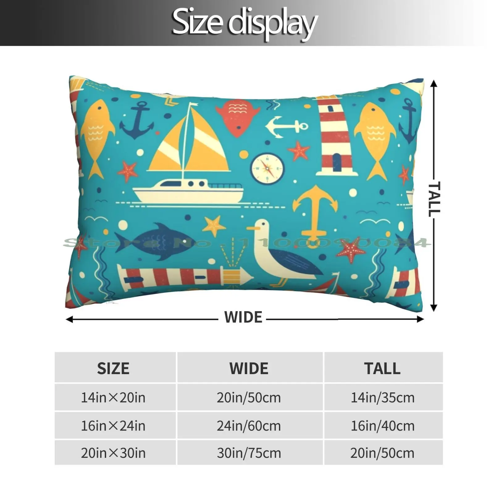 All At Sea Pillow Case 20x30 50*75 Sofa Bedroom Vector Texture Ocean Seagull Anchor Starfish Pattern Bird Blue Waves Ship Boat