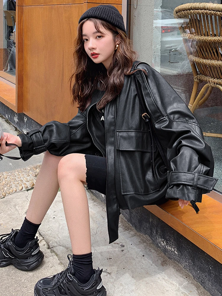 Lautaro Spring Short Oversized Brown Soft Light Faux Leather Jacket Women Long Sleeve Black Loose Autumn Korean fashion 2021