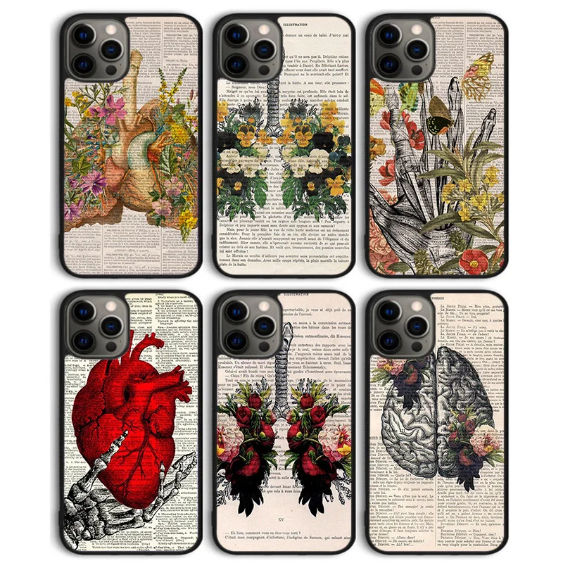 Vintage Anatomy Heart Brain Nurse Phone Case Cover for iPhone 15 SE2020 14 13 11 12 Pro Max mini XS XR 8 Plus 7 6S Shell Coque