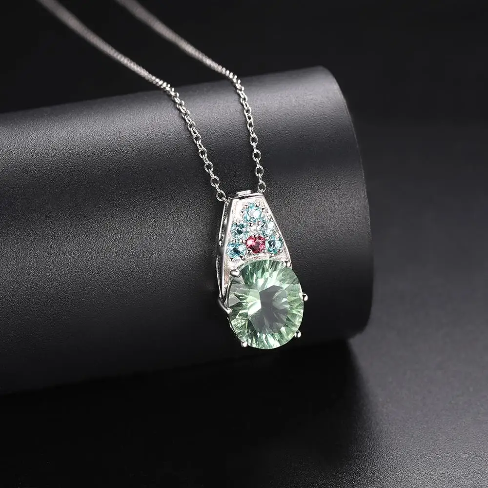 Hutang Green Fluorite 925 Silver Pendant Real Gems Tourmaline Apatite Solid 925 Sterling Silver Chain Fine Elegant Women Jewelry