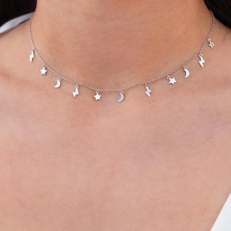 New Fine 100% 925 sterling silver minimal delicate jewelry tiny cute lovely Moon star charm necklace bracelet jewelry set