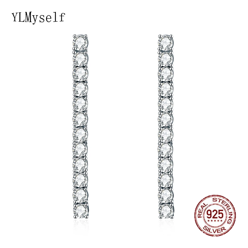 3mm Round Cubic Zirconia 3.8CM Height Dangle Design Solid 925 Metal Jewelry Real Sterling Silver Tennis Chain Earrings