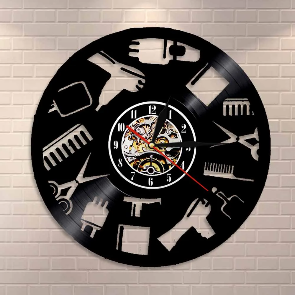 Barber Shop Beauty Salon Equipments Haircut Tools Wall Clock Watch Hanging Vinyl Record Wall Clock Unique Gifts For Hairdresser