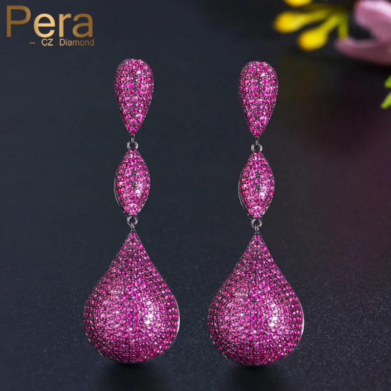 Pera Luxury Big Disco Ball Hot Pink CZ Stone Aesthetic Black Gold Color Long Engagement Party Dangle Earrings for Women E597