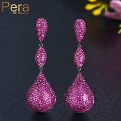 Pera Luxury Big Disco Ball Hot Pink CZ Stone Aesthetic Black Gold Color Long Engagement Party Dangle Earrings for Women E597
