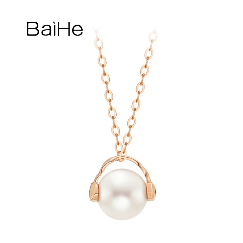 BAIHE Solid 18K Rose Gold 7-7.5mm Natural Freshwater Pearl Music Boy girl Pendant Necklace Women Casual Trendy Fine Jewelry