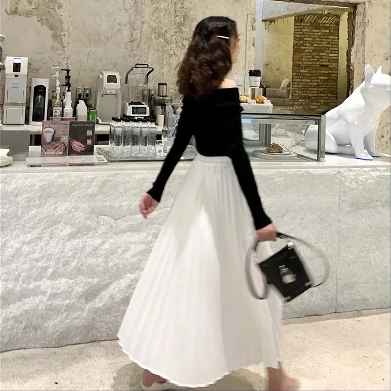 Korean Pleated Skirts Chiffon Long Midi Skirts Women Clothes 2021 Spring Summer Elegant Women White Black High Waist Skirts New