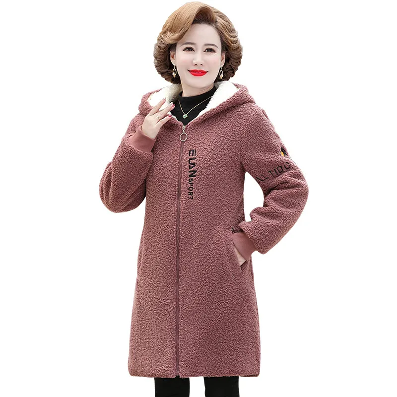 Winter Women Jacket long Lambswool Plus Velvet Cotton Coat Female Overcoat Hooded Warm Lady Outerwear Mother Clothes 5XL