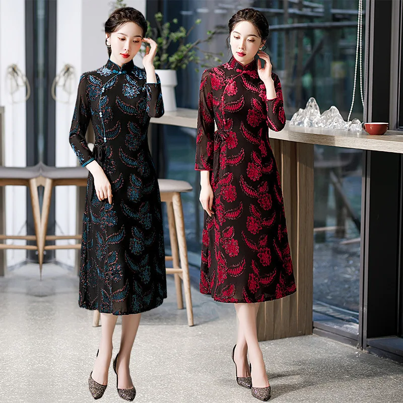 

Autumn Women Seven Points Sleeve Velour Long Qipao Elegant Orientale Banquet Mandarin Collar A-Line Cheongsam 4XL