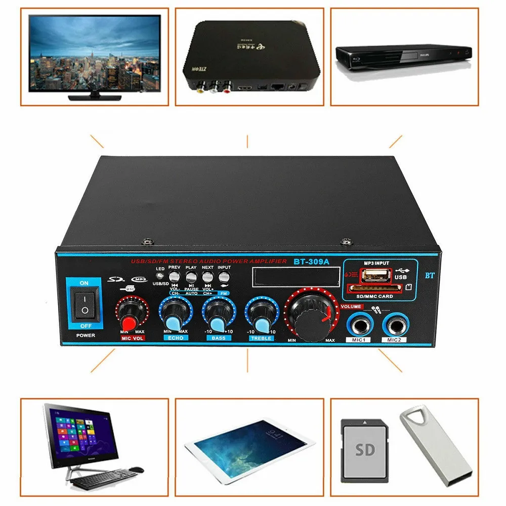 12V 220V 800W Bluetooth 5.0 Amplifier for speakers 2.0 Channel Car Audio Power AMP Bass HIFI Music Player AUX FM SD with Remote