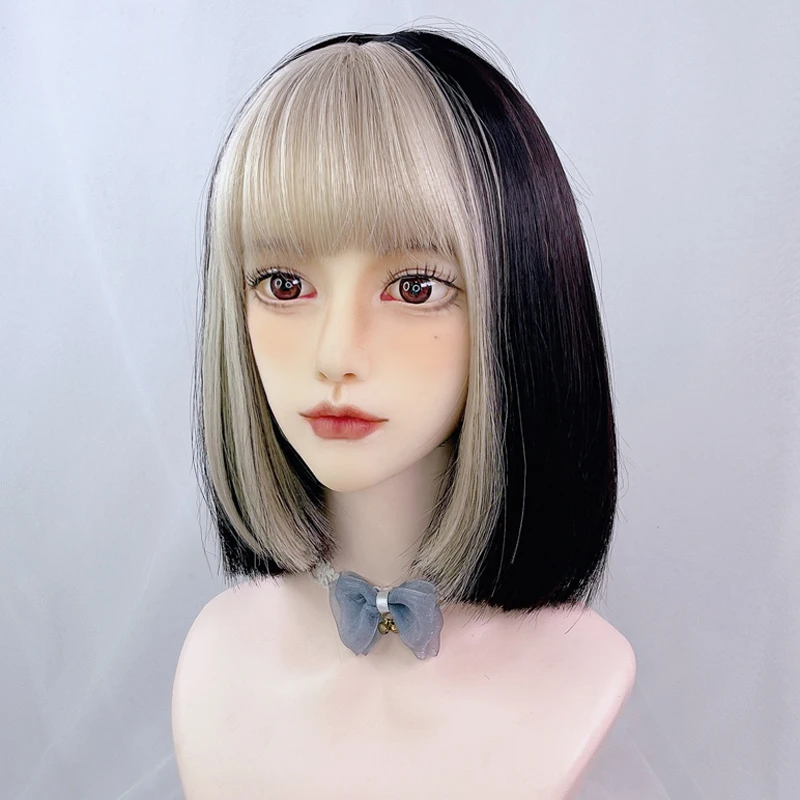 GAKA Short Straight Bob Synthetic Hair Gold Black Cosplay Wig Women Lolita Summer Color Highlighting Gradient With Bangs Dyed