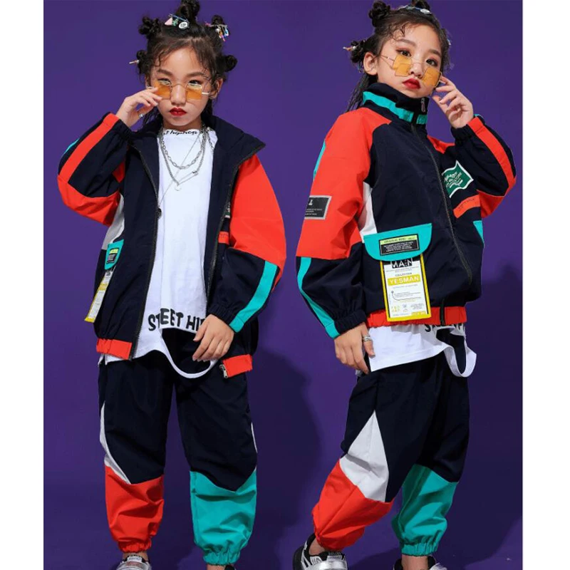 เด็กแฟชั่น Cool Hip Hop เสื้อผ้า Top Pullover พ็อกเก็ตลำลองกางเกงสำหรับหญิง Jazz Dance เสื้อผ้าเครื่องแต่งกาย