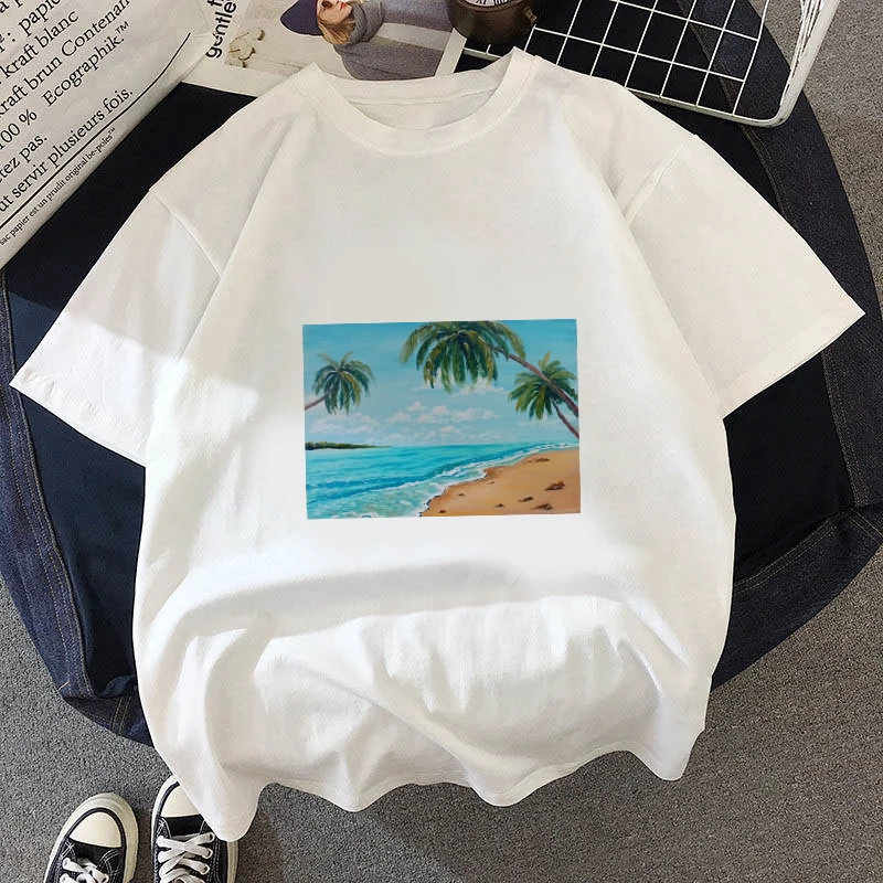 

Women's T-shirt 90s Ulzzang Harajuku Beach Print Graphic Tees Summer O Neck Casual Tshirt Women's Top Clothings