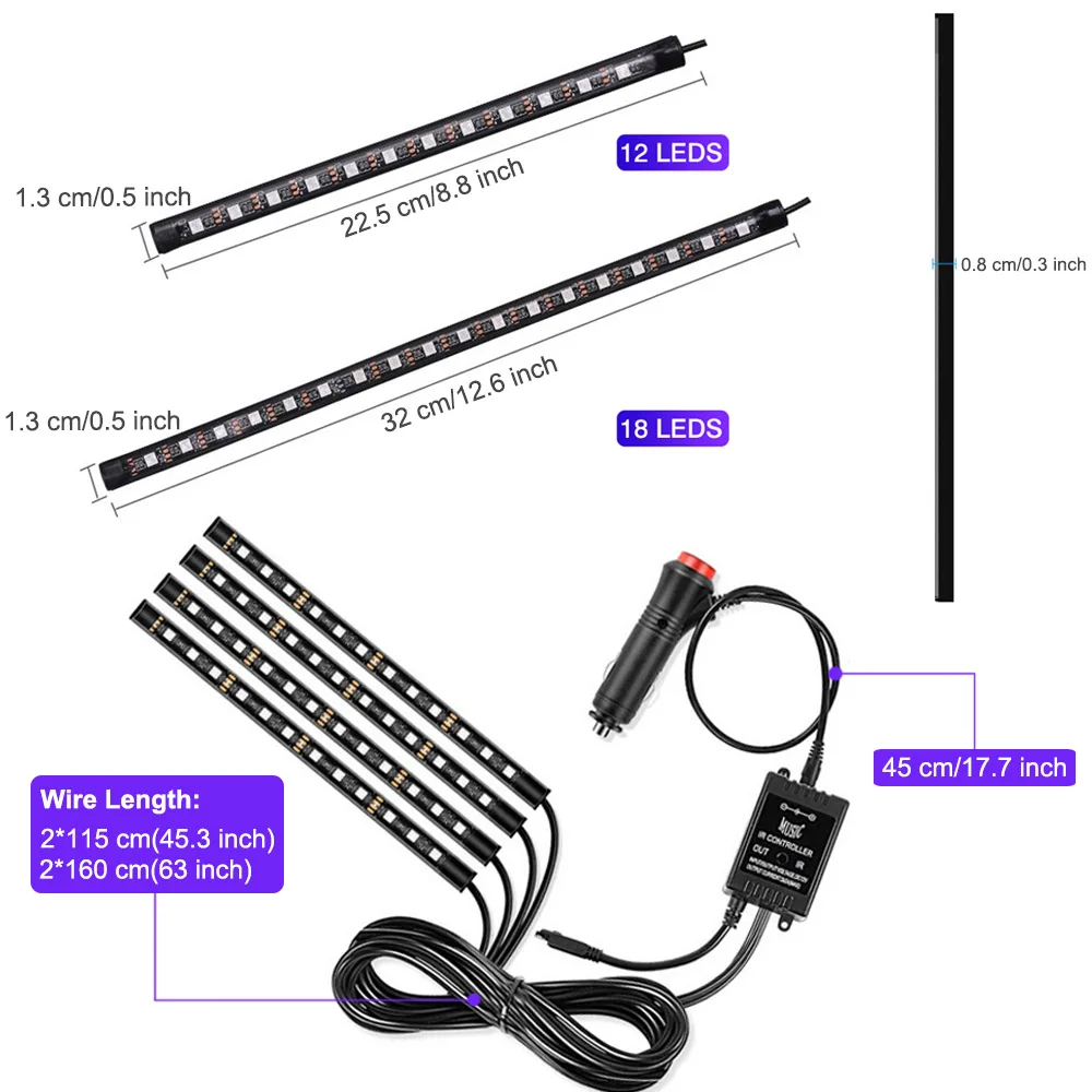 LED RGB 언더 캐비닛 조명, 12V, 원격 음악 제어, 자동차 인테리어 램프, 방수, 유연한 조명, 파티 장식, 4 개