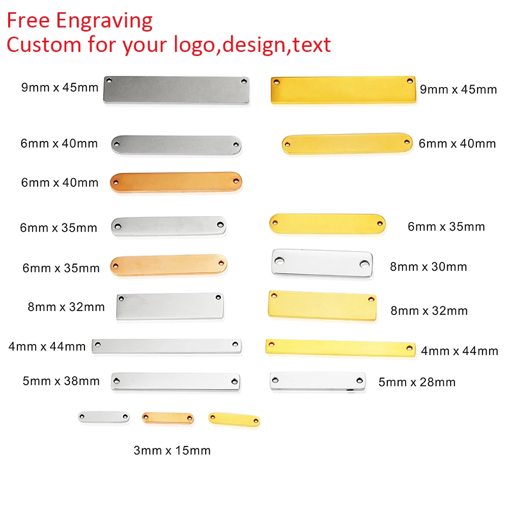 Aço inoxidável Retângulo Pendant Bar Connector, Free Laser Engrave, Logotipo personalizado ou Design, Colar Tags, 30Pcs