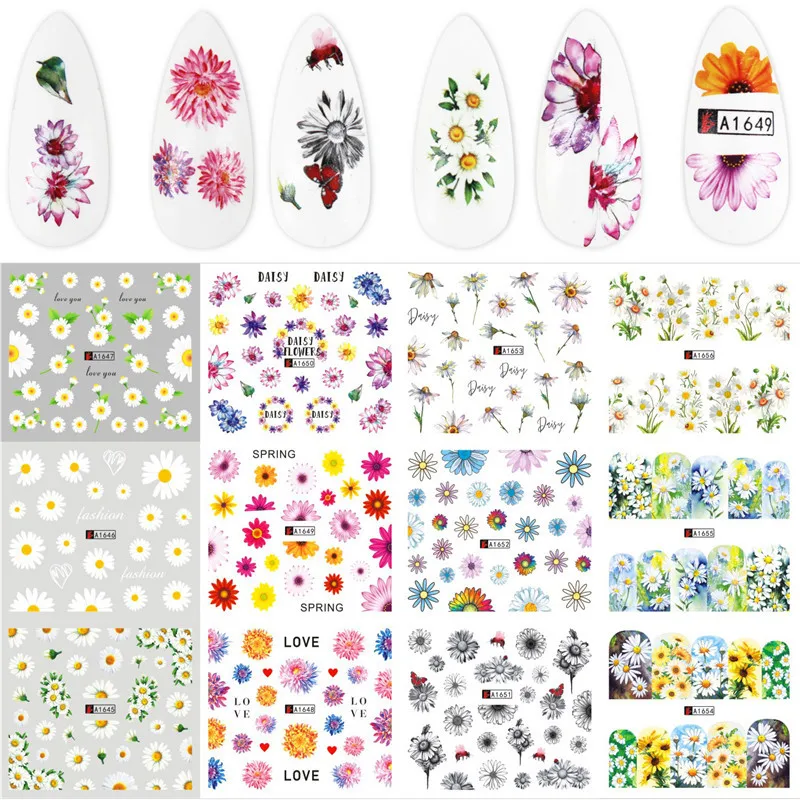 12pcs/set A1633-1644 Series Nails Sunflower Stickers Nail Art Water Decals Butterfy Spring Floral Manicure Decoration Stickers