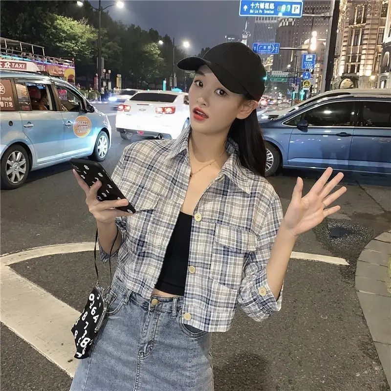 Shirts Women Half Sleeve Simple Plaid College Streetwear Stylish Summer Slim Cropped Tops Thin Temperament Sun-proof Clothes Ins