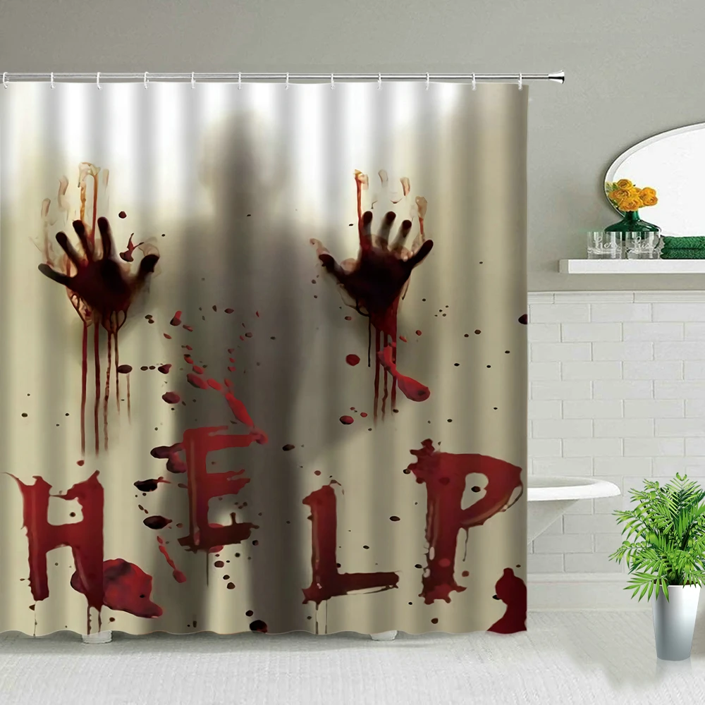 Terror Halloween Blood Handprint Printed Shower Curtains Day Of The Dead Skull Background Wall Decor Hanging Curtain With Hooks