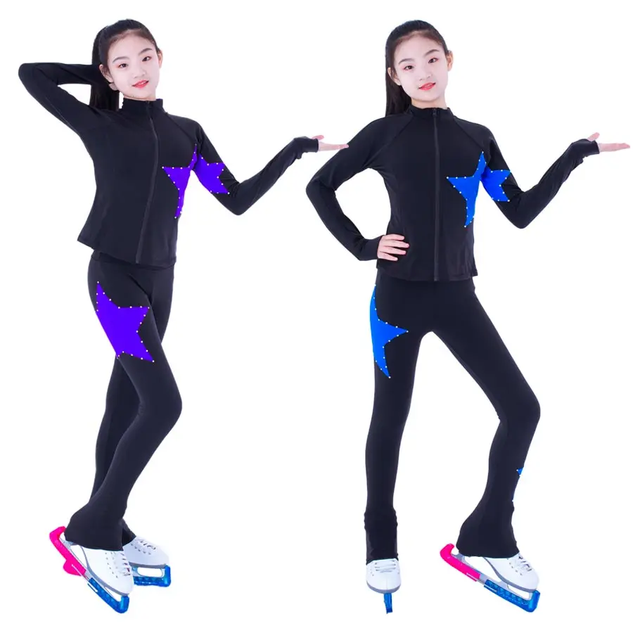 Customized Figure Skating Suits Jacket and Pants Long Trousers for Girl Women Training Ice Skating Warm black pink Mesh sleeve