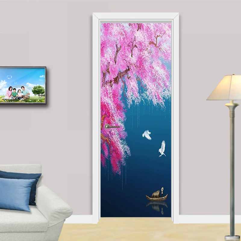 Blossom Flowers Blue Lake Ink Painting Door Sticker for Bedroom PVC Waterproof Self-adhesive 3D Poster Photo Mural Home Decor