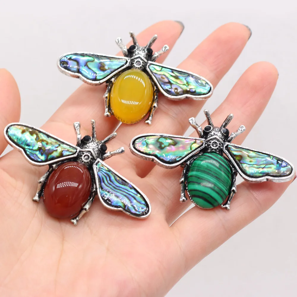 Natural Paua Abalone Shell Pendants Rose Quartzs Insect Bee Pin Brooches for DIY Necklace or Dual Use Charm Jewelry Accessories