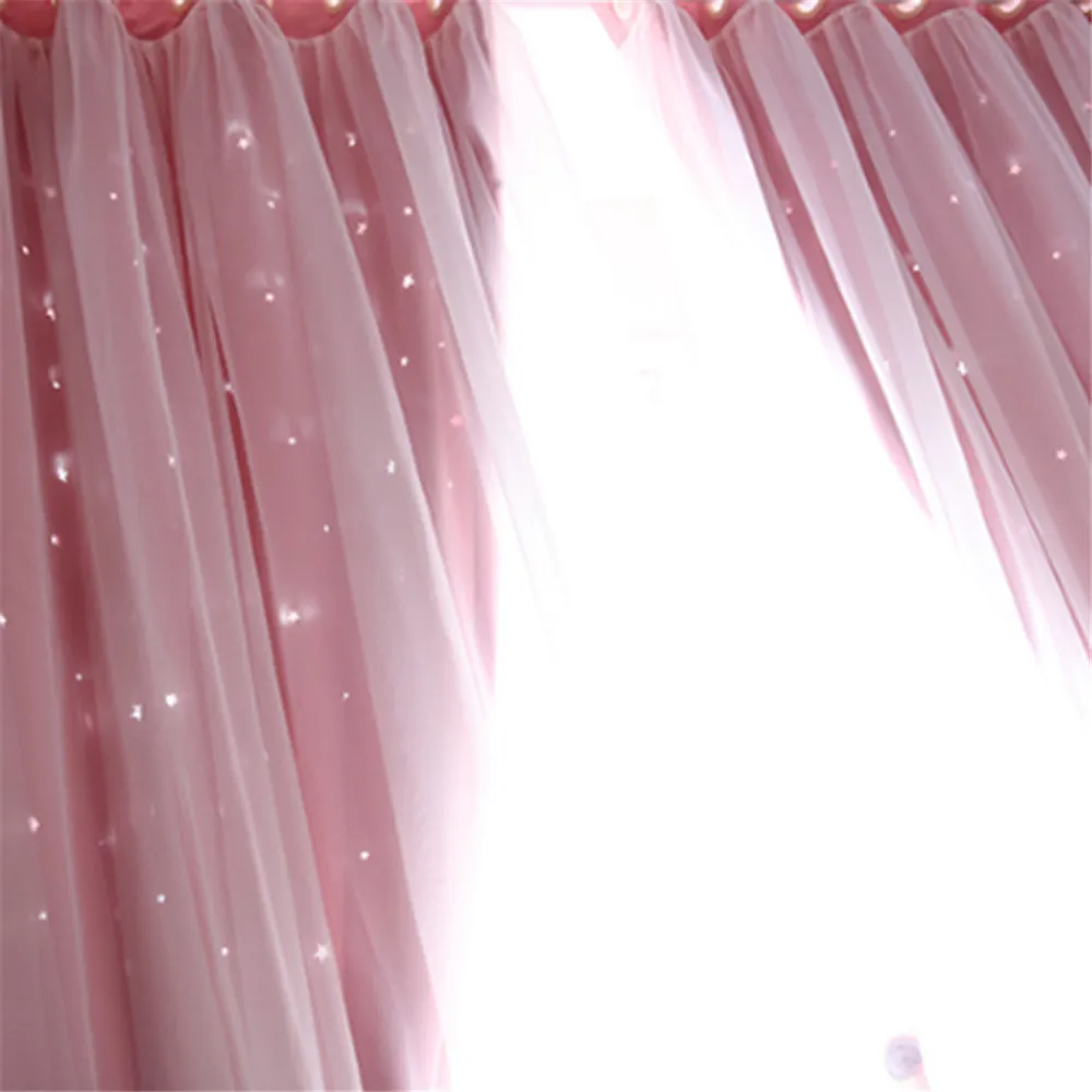 Double Layer Stars Blackout Curtains Pink Tull For Kids Room Sheer Curtains for Living Room Girl\'s Bedroom Window Treatments