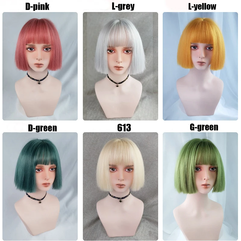 Synthetic Wigs Blonde Short Straight Bob Wigs with Bangs for Women Black Pink Green Yellow Natural Hairline Wigs  Cosplay Party