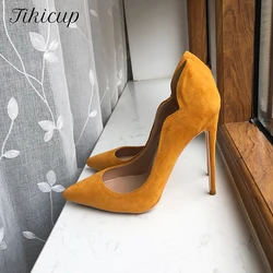 Tikicup Curl Cut kobiety żółte stado Pointy Toe buty na wysokim obcasie eleganckie damskie sztuczny zamsz czółenka na szpilkach wygodne 8-12cm