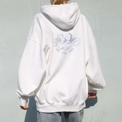 Vintage White Angel Print Hoodie Women 2020 Autumn White Cotton Long Sleeve Zipper Tops Female Casual Chic Streetwear Hoodied