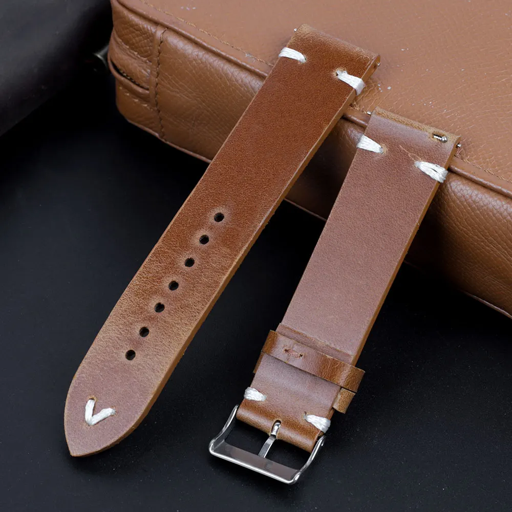 Cow Leather Watchband 18mm 20mm 22mm 24mm Retro Oil Wax Genuine Watch Straps Red Brown Handmade Stitching Strap Replacement Belt